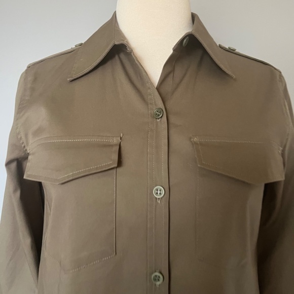 Theory Military Green Long Roll up Sleeve Button Up Cotton Casual Collared Dress - Picture 4 of 11